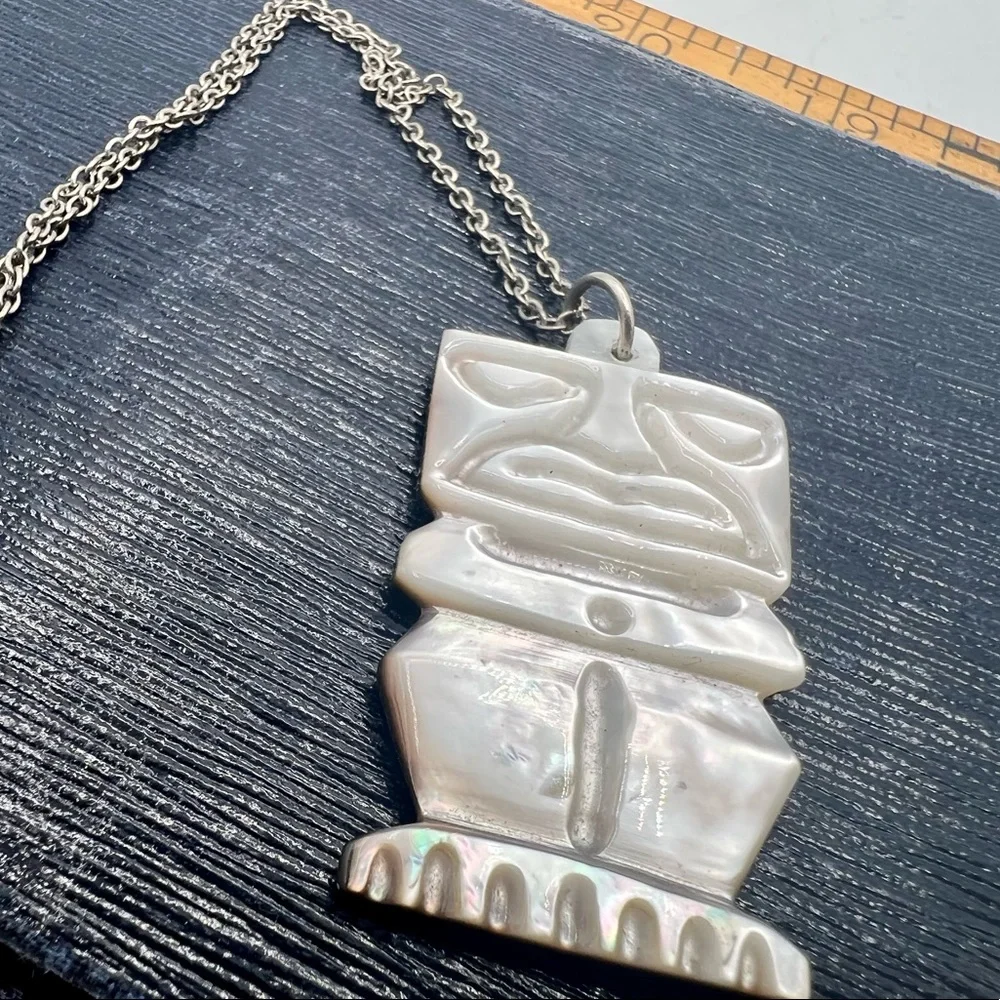 Vintage reversible carved mother of pearl tiki pendant tribal unique 18”